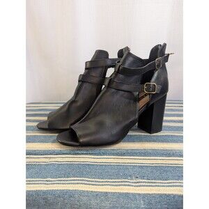 Parker and Sky Chunky Heel Peep Toe Sandals Sz 10 Black Open Side Ankle (Q09)